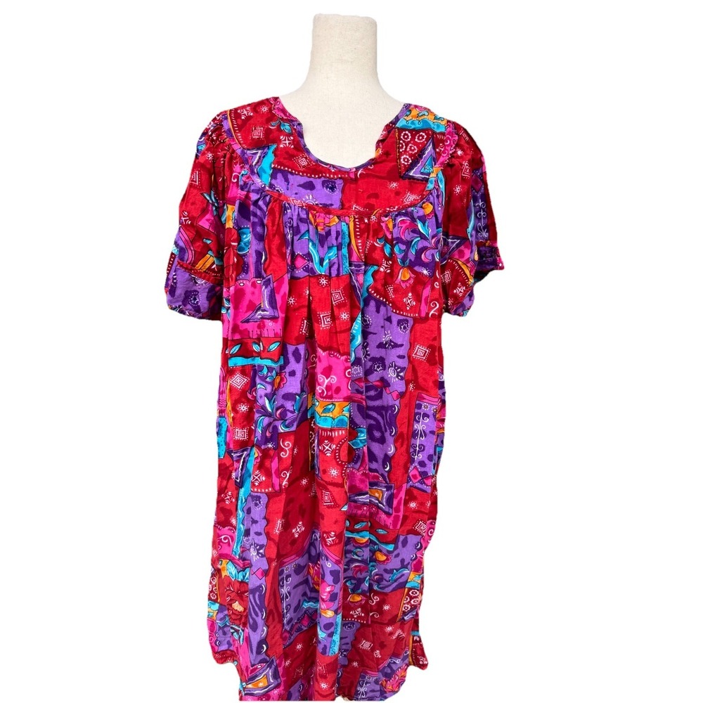 VTG Mumu House Dress Hawaiian Indian Cotton Patio Kaftan Bright Funky Med Large